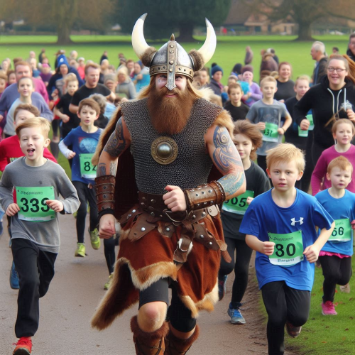 a-viking-competing-in-a-modern-day-fun-run-with-lots-of-normal-people-in-a-village-park-running-with-children-all-around