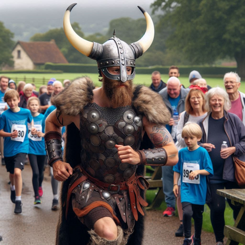 a-viking-competing-in-a-modern-day-fun-run-with-lots-of-normal-people-in-a-village-park